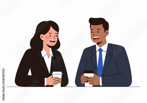 Business colleagues having a coffee break and casual conversation, smiling in a friendly informal discussion.