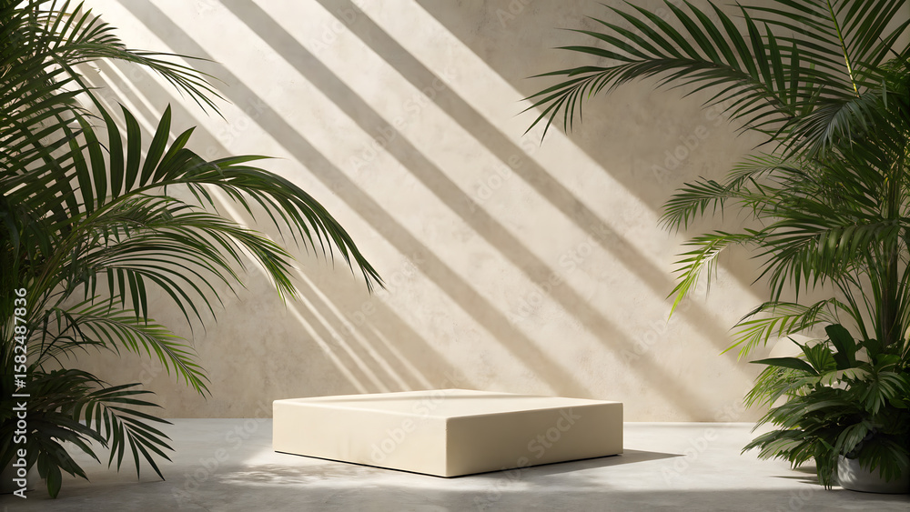 Fototapeta premium A minimalist square podium is framed by tropical palm leaves and sunlit shadows, creating a modern and natural product display stage