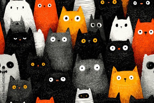 Seamless Pattern Halloween Cat Set with Black Kitten in Vampire Costume, Mummy, Witch, Ghost, Skeleton, and Pumpkin Cat, Hand-Drawn Vector Illustrations with Vibrant 