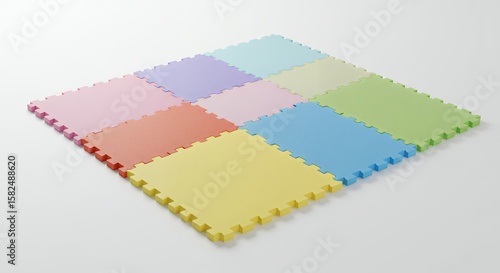 Multicolored play mat with interlocking squares