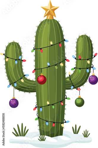 Festive cactus decorated for Christmas with lights, ornaments, snow and star, holiday desert theme, cheerful winter illustration, seasonal plant art