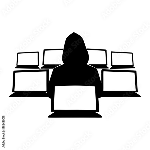 Hacker Silhouette in Hoodie with Monitors – Dark Tech PNG Transparent Background
