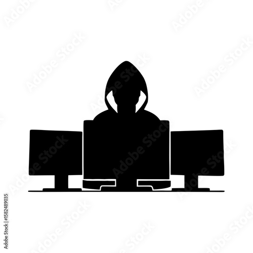 Hacker Silhouette in Hoodie with Monitors – Dark Tech PNG Transparent Background