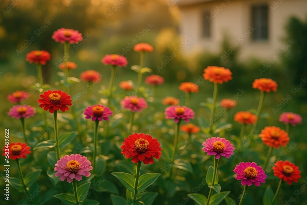 Fototapeta premium Morning scene of Zinnia flowers blooming in a backyard garden