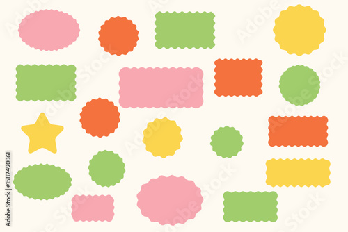 Wavy circular, oval and rectangular shape elements set vector illustration. Scallop squiggly borders frame collection.