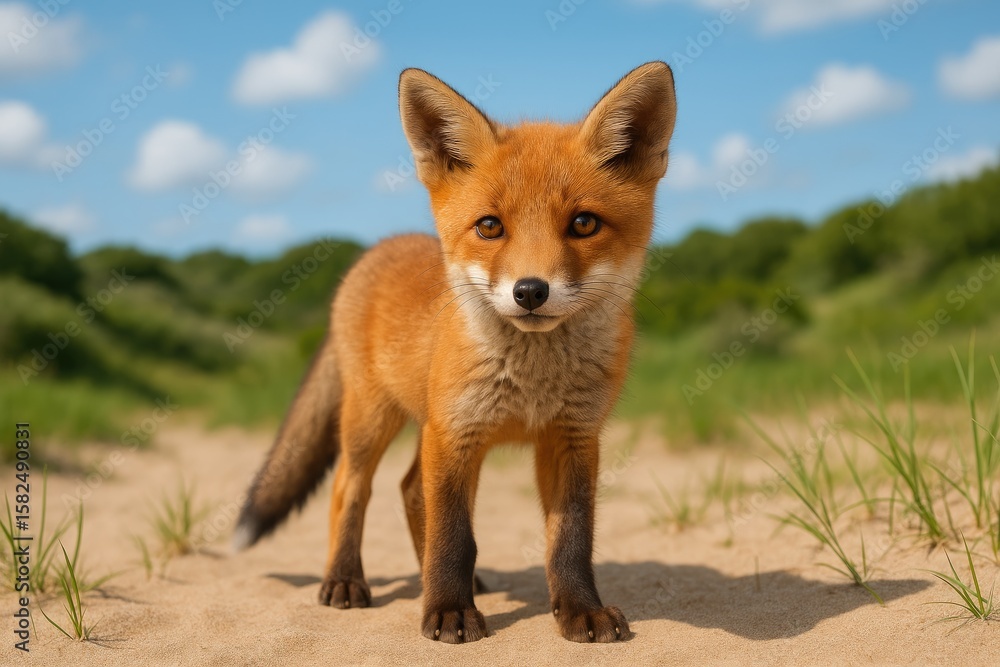 Fototapeta premium Juvenile Red Fox Resting on Sandy Terrain in a Protected Area