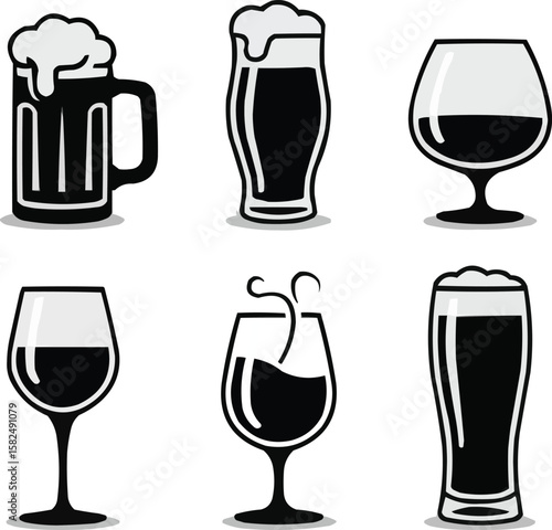 Collection of six different alcoholic beverage glasses with drinks and foam