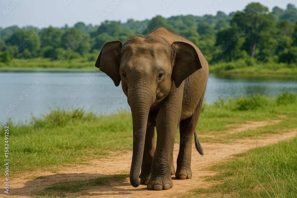 Obraz premium Juvenile elephant wandering in a protected wildlife reserve in South Asia.