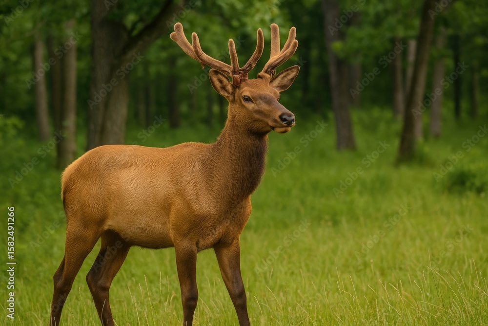 Juvenile elk showcasing fresh antlers in their natural environment Juvenile elk showcasing fresh antlers in their natural environment