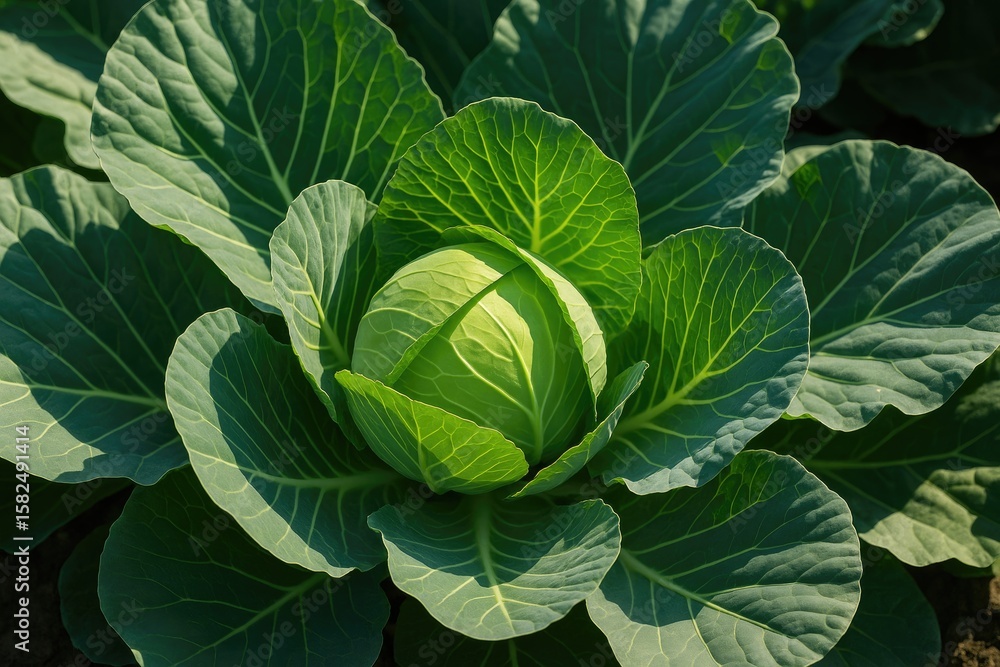 Obraz premium Fresh young cabbage thriving in the open field with vibrant green leaves basking in sunlight