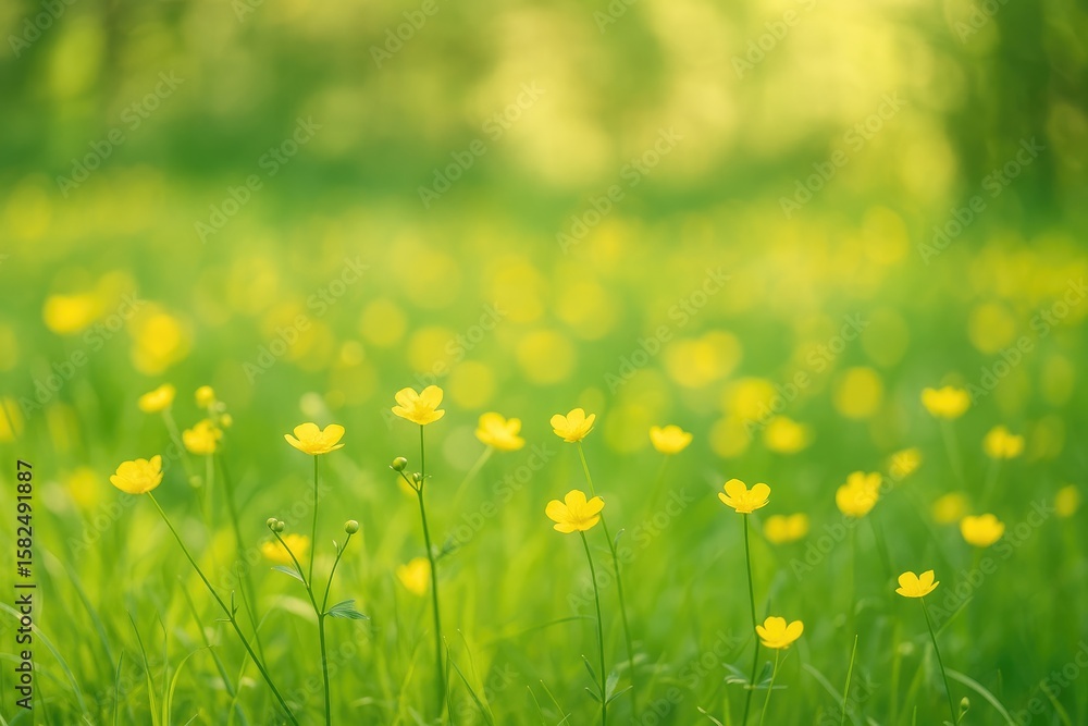 Fototapeta premium Vibrant yellow wildflowers blooming in a lush meadow, perfect for floral-themed designs.
