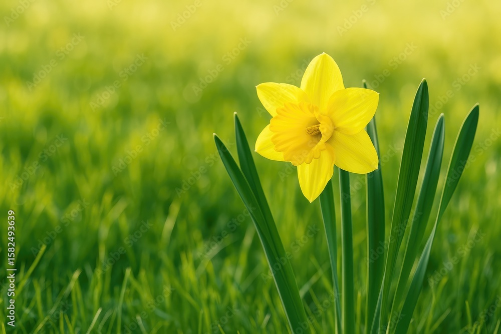 Fototapeta premium Bright yellow daffodils with lush green foliage during spring season