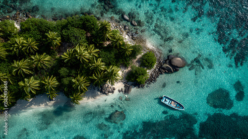 Fototapeta Naklejka Na Ścianę i Meble -  Tropical island paradise aerial view boat on clear water palm trees white sand beach