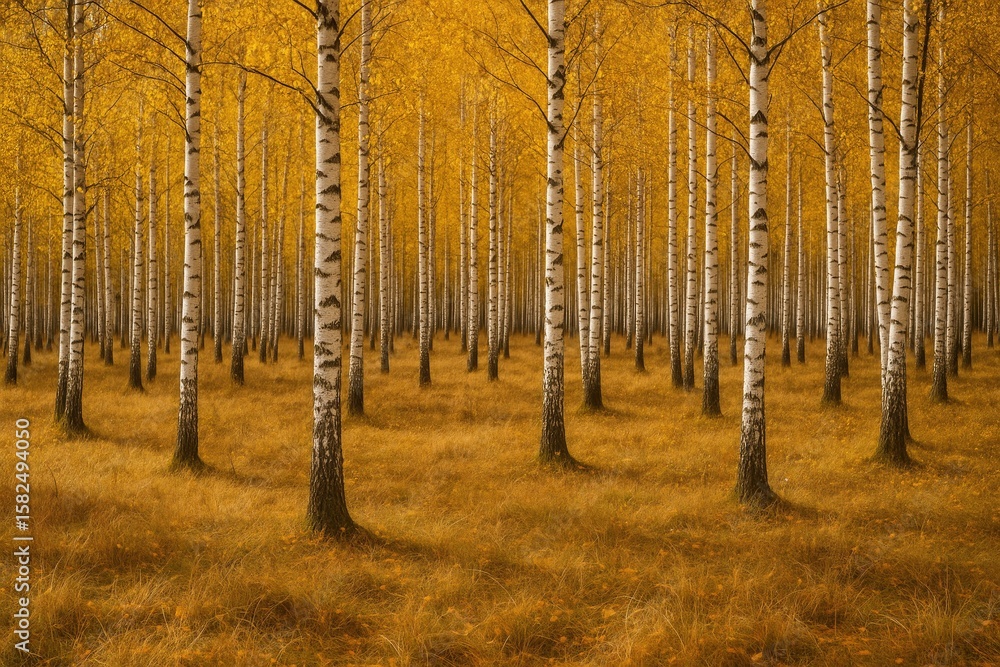 Fototapeta premium Golden birch woodland during late fall