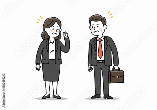 Distressed business man and woman facing a problem, showing anxiety and worry in the workplace.