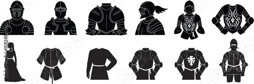 Medieval Knight Armor and Period Costume Silhouettes: Historical Outfits and Body Armor Illustrations for History and Fantasy Themes