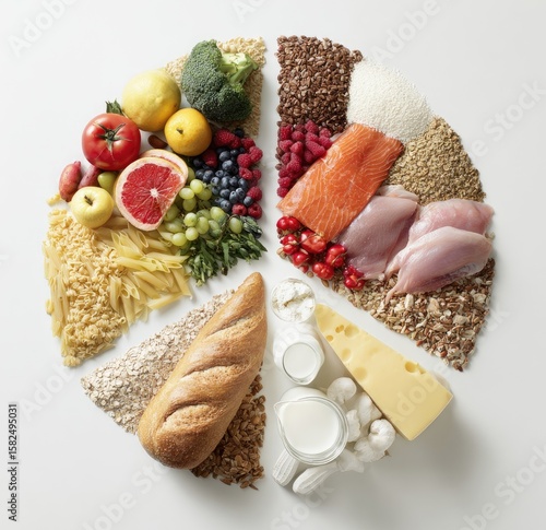 A pie chart visually depicts a balanced diet, showcasing various food groups including fruits, vegetables, grains, proteins, and dairy