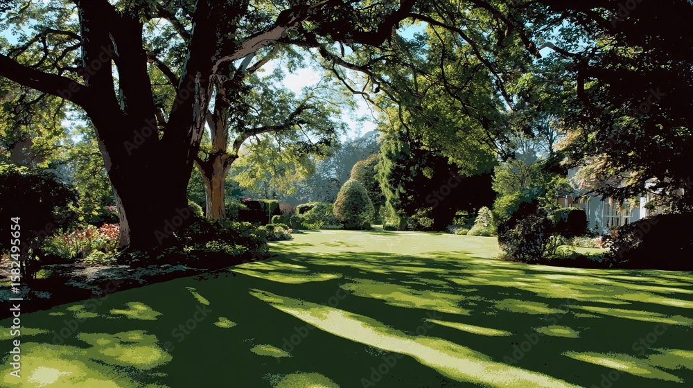 Naklejka premium Lush green garden with tall trees creating dappled sunlight and tranquil shadows.