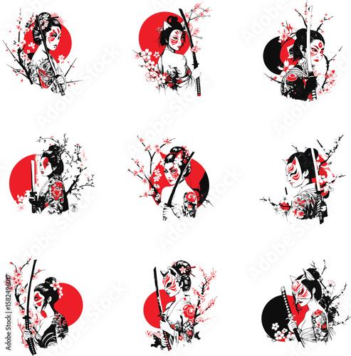 Japanese woman with fox mask and katana sword surrounded by cherry blossoms