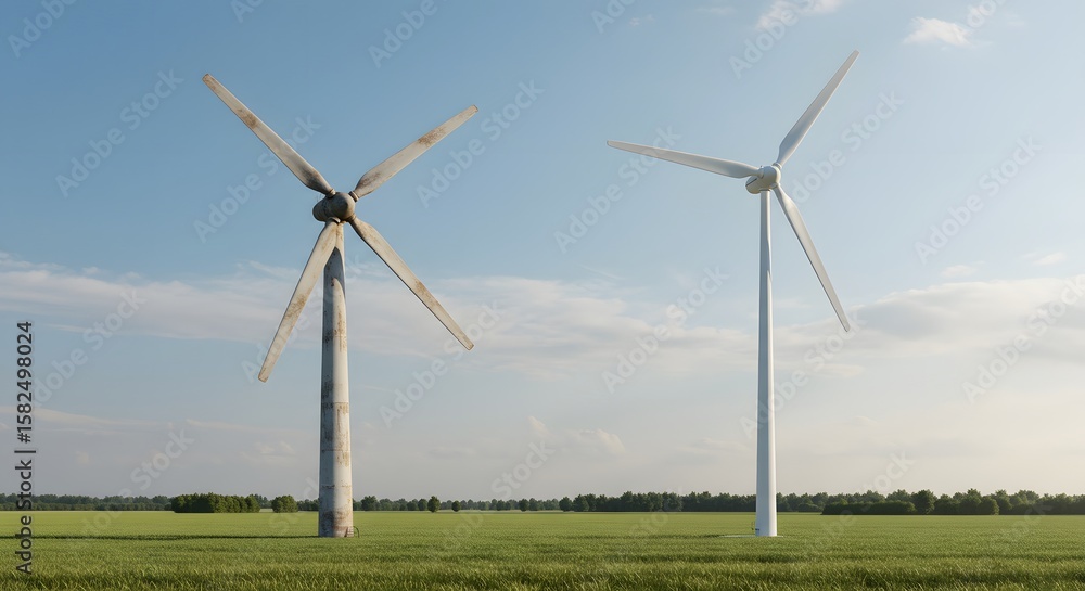 Fototapeta premium Two wind turbines stand tall in a green field under a blue sky.