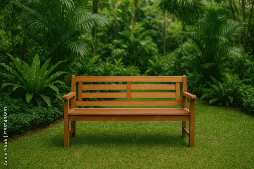 Garden seating with wooden bench and floral decoration Garden seating with wooden bench and floral decoration