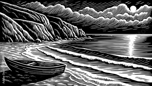 quiet coastal bay at night with moonlit waves, anchored boats, rocky cliffs and cloudy sky, portrayed in scenic black and white line art illustration
