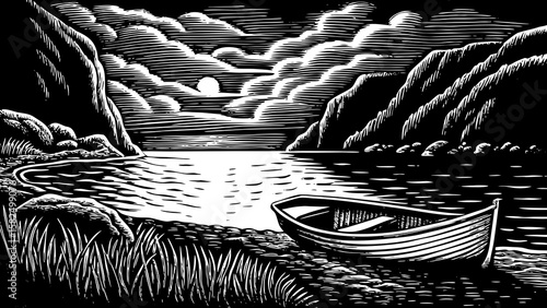 quiet coastal bay at night with moonlit waves, anchored boats, rocky cliffs and cloudy sky, portrayed in scenic black and white line art illustration