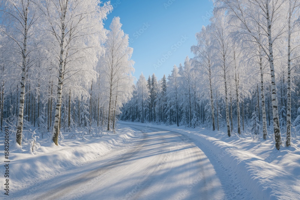 Obraz premium Snowy forest pathway lined with birch trees on a bright winter day