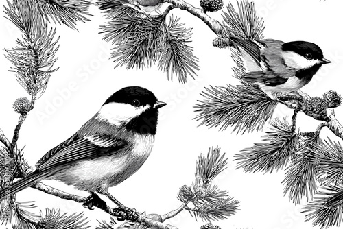 Seamless pattern of chickadee birds on coniferous branches, black and white hand-drawn vector illustrations, elegant and minimalist design, perfect for fabric, wallpaper,