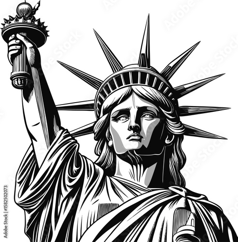 Vintage drawing illustration of Lady Liberty, an antique vector sculpture