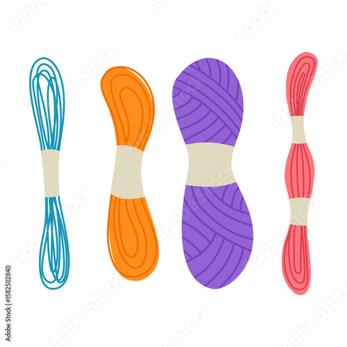 Set of skeins of yarn for knitting. Threads for sewing and knitting. Vector illustrations.