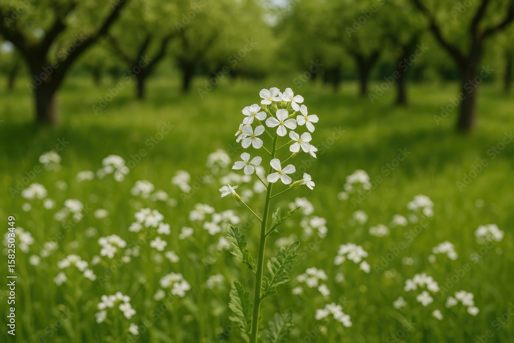 Fototapeta premium A cluster of white-flowered wild radish plants thriving in an ancient fruit orchard