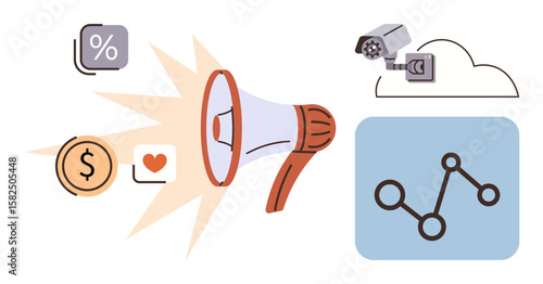 Megaphone amplifying money, heart, percentage icons, security camera, and analytics chart. Ideal for marketing, communication, advertising, data analysis surveillance social media and branding