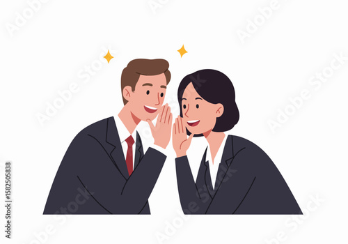 Business people sharing a secret or gossip, whispering confidential information to each other in the office, illustrating communication and trust.