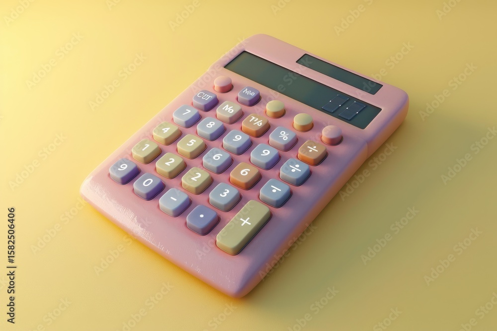 A close-up view of a pink calculator on a yellow background, highlighting its buttons and functions A close-up view of a pink calculator on a yellow background, highlighting its buttons and functions