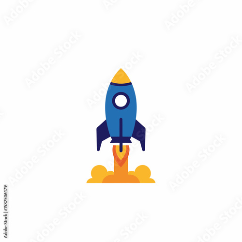 A stylized blue rocket launching into space, propelled by fiery exhaust.