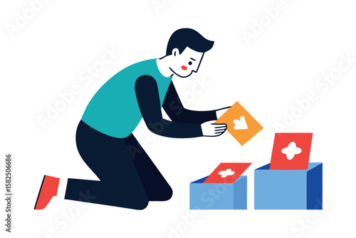 Man sorting items into boxes with care