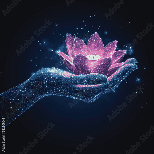 Futuristic alternative, holistic therapy concept with glowing low polygonal human hand and lotus flower, vector style simple color