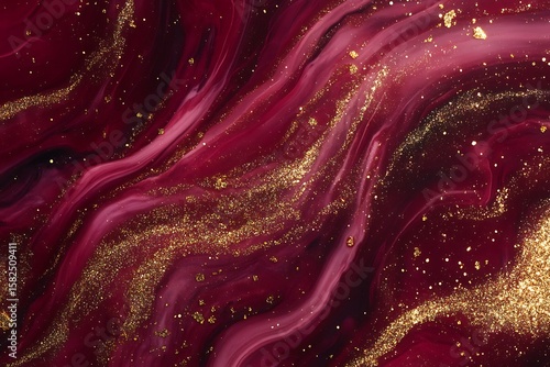A luxurious marble ink design in deep ruby red paired with shimmering golden glitter particles that make the surface appear radiant