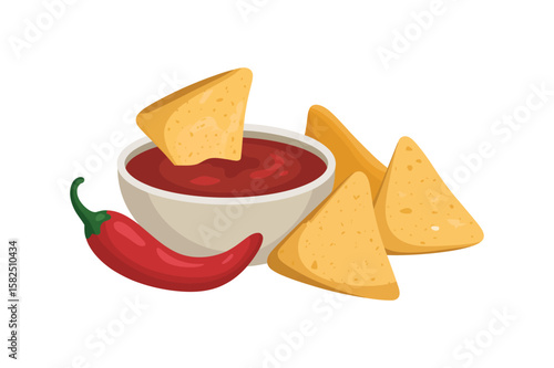 Mouthwatering Nacho Vector Illustration isolated on white background. Delicious vector illustration of nachos image features a heaping pile of golden tortilla chips, diced tomatoes,