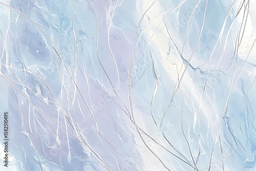 A marble ink background in cool tones of sky blue pale lavender and soft white with thin silver lines streaking throughout