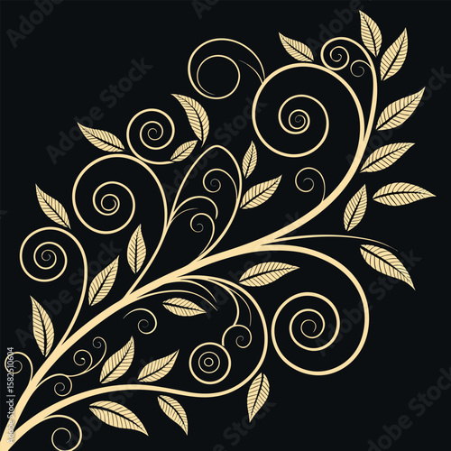 Elegant floral design with metallic gold geometric spiral vines and leaf details