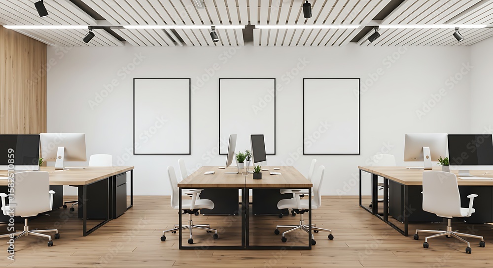 Fototapeta premium Minimalist business office interior with wooden furniture and three blank vertical mock-up frames on a white wall. Modern co-working space.