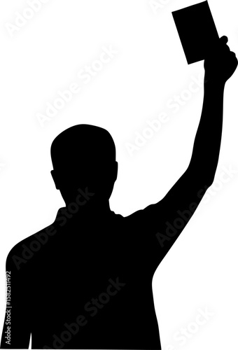 Silhouette of a man holding up a card possibly a referee showing a red card