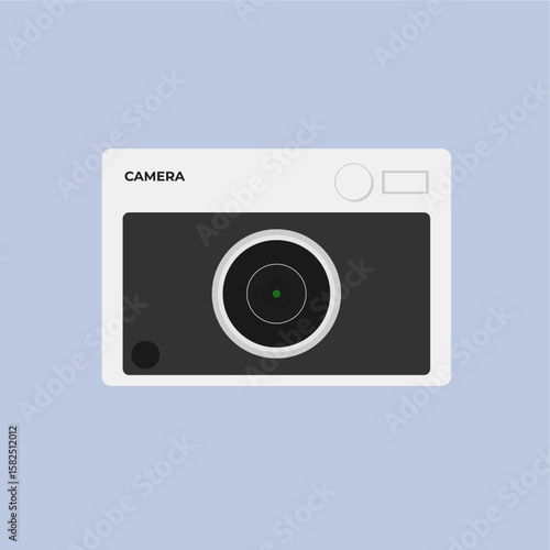 Vintage silver and black analog camera, used for capturing photos. Suitable for vintage-themed or classic photography design, flat art design style.

