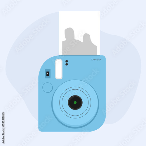 Aesthetic blue Polaroid camera printing a photo. Ideal visual for instant documentation or memory-themed concepts, flat art design style.

