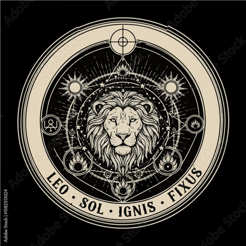 Majestic Leo lion head with celestial elements. Powerful zodiac vector art for astrology & spirit.