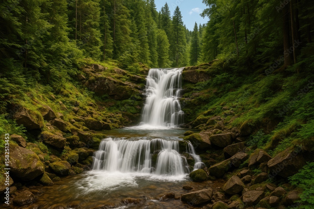 Obraz premium Scenic cascade in Eastern European mountain region featuring Malyy Kuzmynets Waterfall