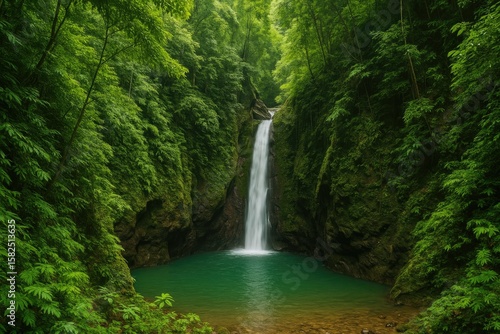 Tropical jungle landscape featuring a waterfall cascading through a mountain canyon