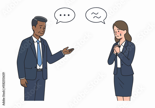 Business colleagues having an emotional conversation, a man talking to a crying woman in the office setting. Workplace conflict and stress concept illustration.